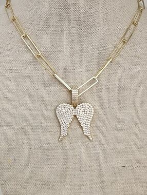 Gold Angel Wings Necklace Iced CZ Paperclip Chain 18" Trendy